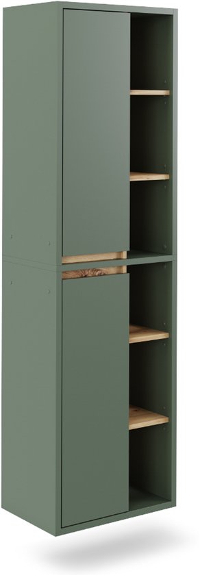 Groene badkamerkast met houten open vakken, 50x170cm, zwevend effect.