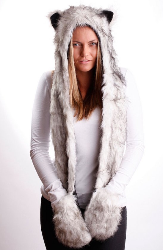 KIMU Hood Grijze Wolf - Muts met Sjaal, Wanten en Oortjes - Faux Fur Grijs Bont Berenmuts Bontmuts Flappen Capuchonmuts Spirit Festival