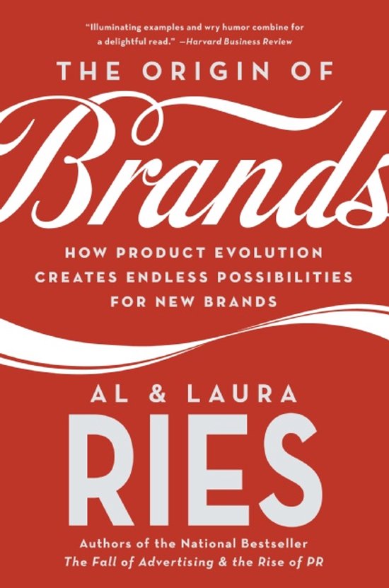Boekomslag 'The Origin of Brands' door Al & Laura Ries met witte letters op een rode achtergrond.