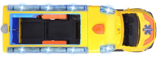 Topview van gele ambulance met blauw en oranje details, sirene lichten en interieur.