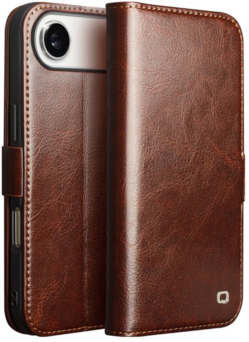 QIALINO Hoesje - Geschikt voor iPhone Air Hoesje - QIALINO Genuine Leather Book Case - Echt Leder - Bruin