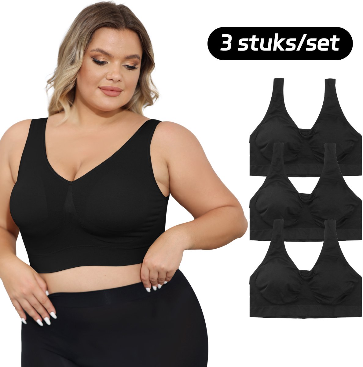 VIMOSE BH met voorsluiting dames 3 stuks-Afneembare cups-BH zonder Beugel-BH Grote maten-Zachte schouderbanden-Ademend en vochtabsorberend-Beha dames-Plus size bh-Onzichtbare BH-Comfort BH-Licht Corrigerend-Zwart-XL