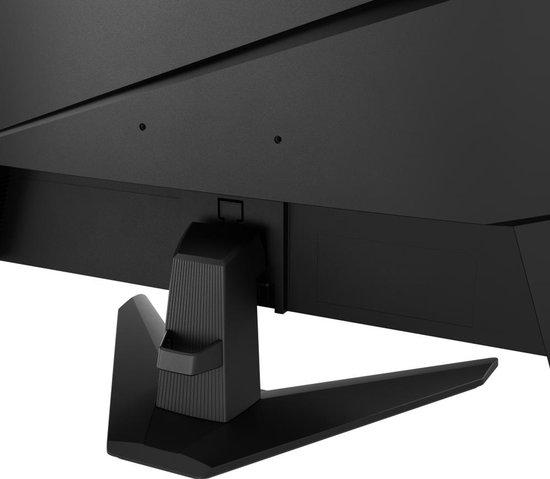 Close-up van de zwarte voet en standaard van een MSI gaming monitor.