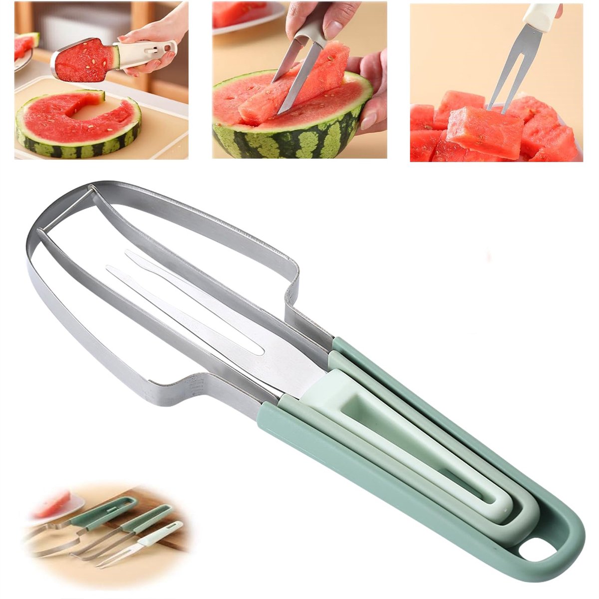 3-in-1 Watermeloensnijder Set – Roestvrijstaal & PP, Snijder, Lepel en Vork in Eén – Handig voor Watermeloen, Mango en Fruit