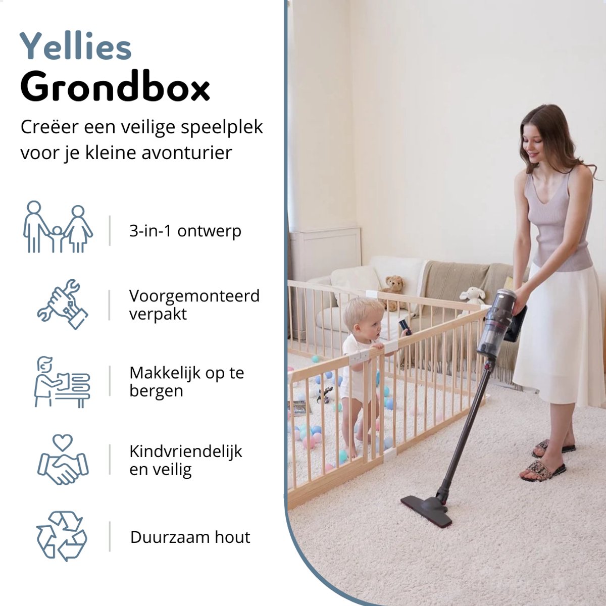 Yellies Grondbox - Babybox - Inklapbare Speelbox - Kinderbox - Playpen Baby - Voorgemonteerd - 130 x 130 x 65 cm - Incl. NL Handleiding - Naturel Hout – foto 2