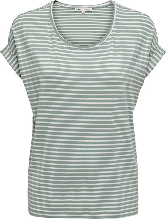 Groen en wit gestreept dames T-shirt met korte, opgerolde mouwen, van Only.