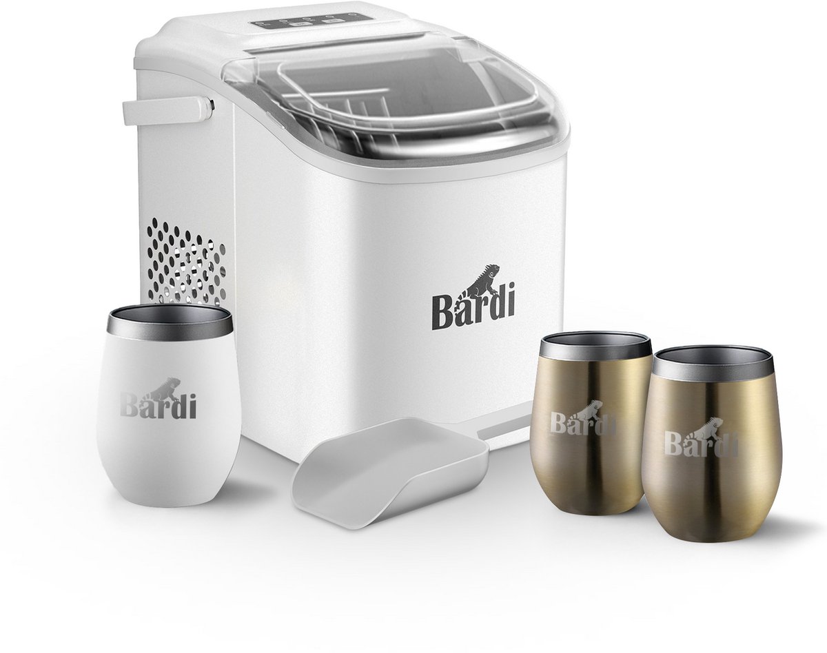 Bardi Deluxe ijsblokjesmachine set – 1,2L – Wit – Inclusief 3 Luxe Thermosbekers en ijsschep – Goud