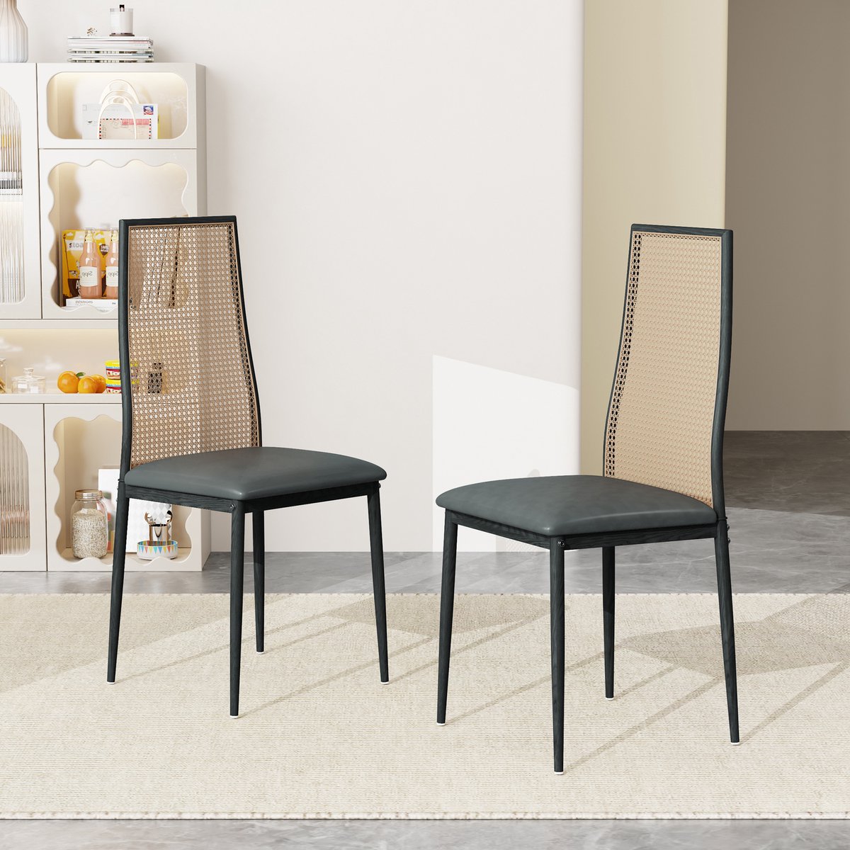 Eetkamerstoelen, set van 2, zwart, keukenstoelen met rotan rugleuning, gewatteerde stoelen met mesh rugleuning, rotan stoel met metalen poten, gestoffeerde stoelen, accentstoelen voor de eetkamer