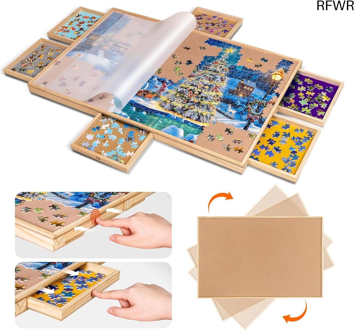 RFWR® Roterende Puzzeltafel voor 1000 Stukken met Sorteerbare Laden en Transparante Hoes