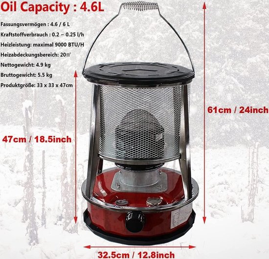 RFWR® Draagbare 4.6L Petroleum Kachel voor Binnen en Buiten - Efficiënte en Veilige Verwarming voor Kamperen, Koken en Terras — afbeelding 3
