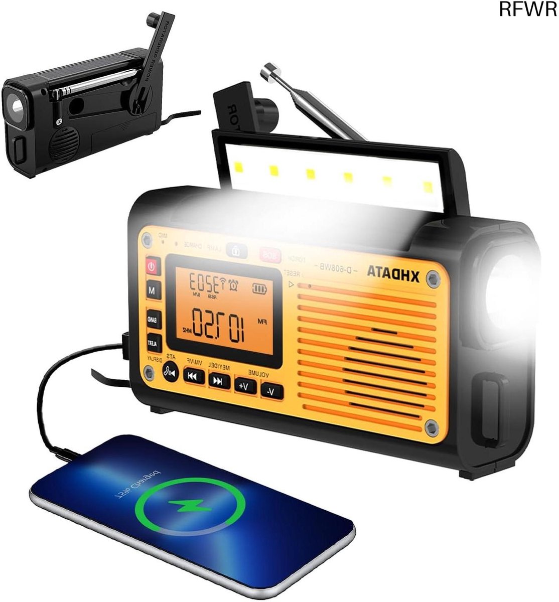 RFWR® Draagbare Noodradio met Zonne-energie, Handslinger, Bluetooth en SOS-alarm voor Camping en Buitenactiviteit