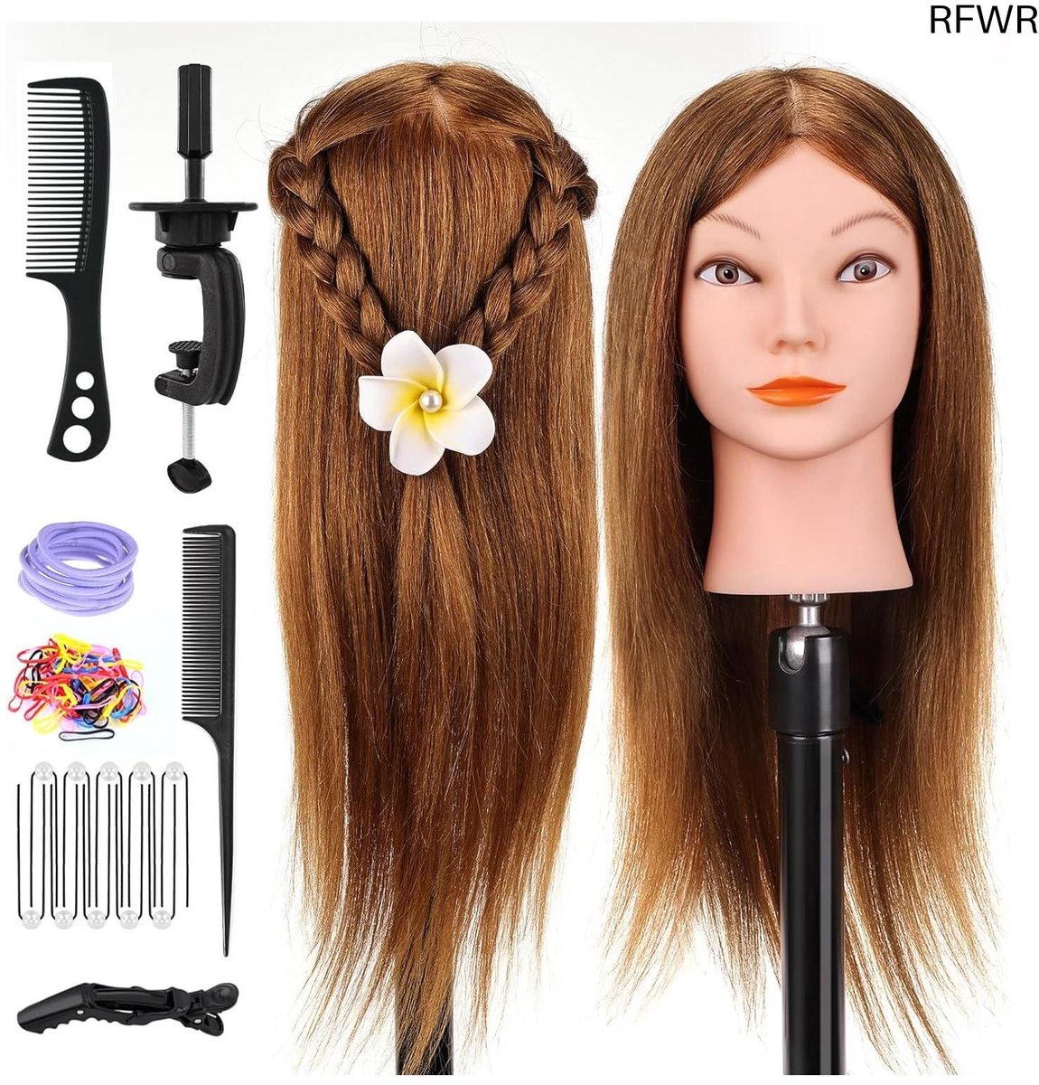 RFWR® Oefenhoofd voor Haarstyling - 18 Inch 100% Echt Bruin Haar met Tafelklem en Doe-Het-Zelf Vlechtset