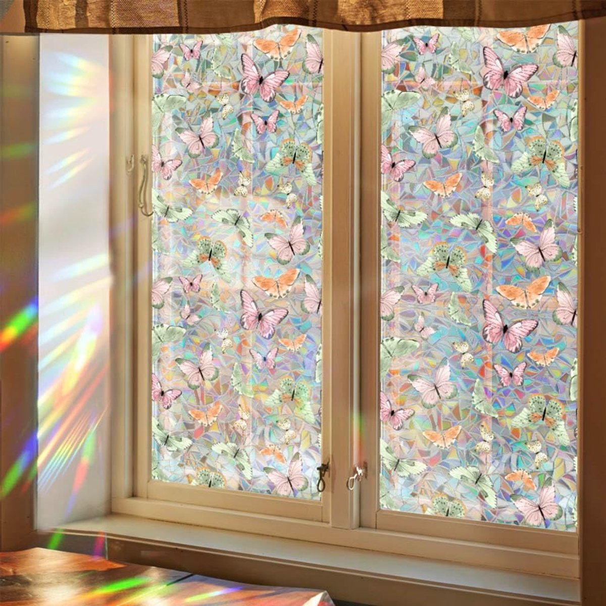 Statische decoratieve raamfolie, roze vlinder raam privacyfolie, PVC glas-in-lood raamsticker, warmtewerende bekleding voor badkamer, woonkamer, keuken, Zelfklevende Statische Decoratieve Glasfolie, 43x100cm - Cyslmuk®