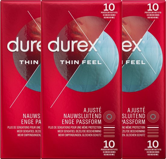 Verpakking van drie Durex Thin Feel Close Fit condooms met 10 stuks.