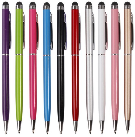 Dix stylos dans différentes couleurs: violet, vert, rose, bleu, noir, rouge, argent, blanc, rose pâle et or.