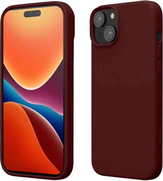 Coque bordeaux-violette pour iPhone 15, avant et arrière montrés.
