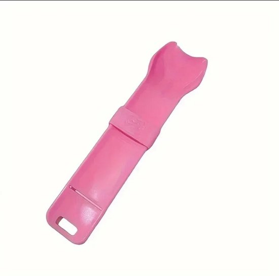 Roze kattensnacklepel met een inkeping bovenaan en een gat aan het uiteinde.