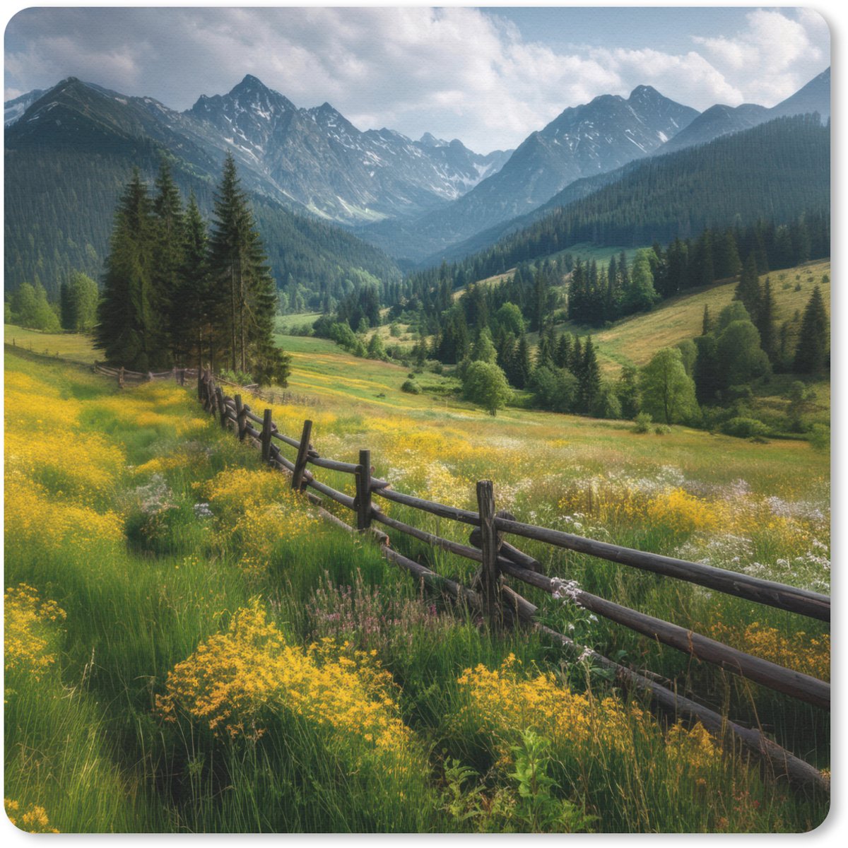 Muismat 20x20 cm - Mousepad Veld - Hek - Bergen - Bloemen - Muismatten