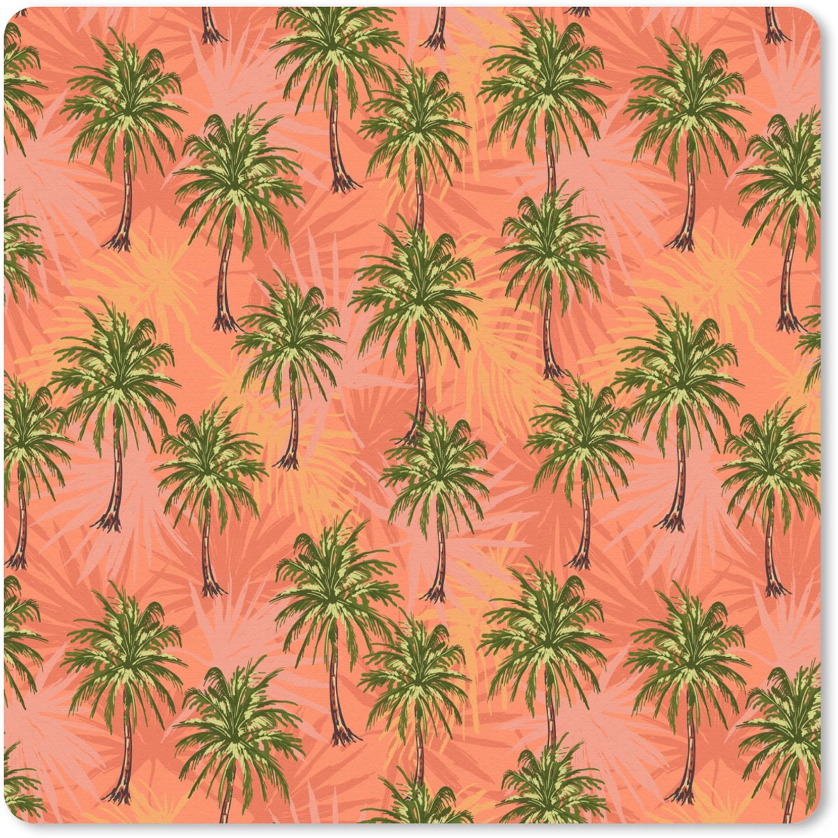 Muismat 20x20 cm - Mousepad Kust - Palmbomen - Oranje - Geel - Muismatten