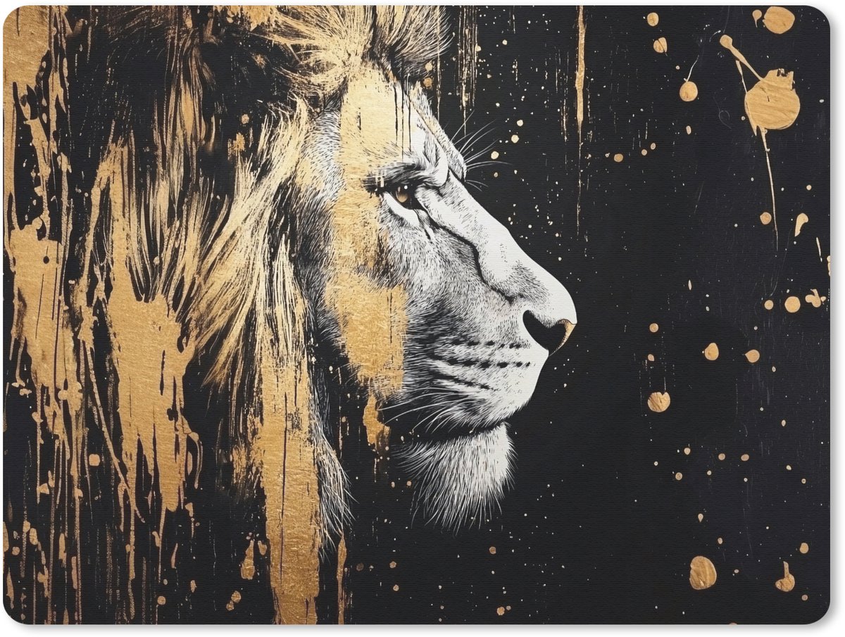 Muismat 23x19 cm - Mousepad Portret - Leeuw - Abstract - Goud - Muismatten