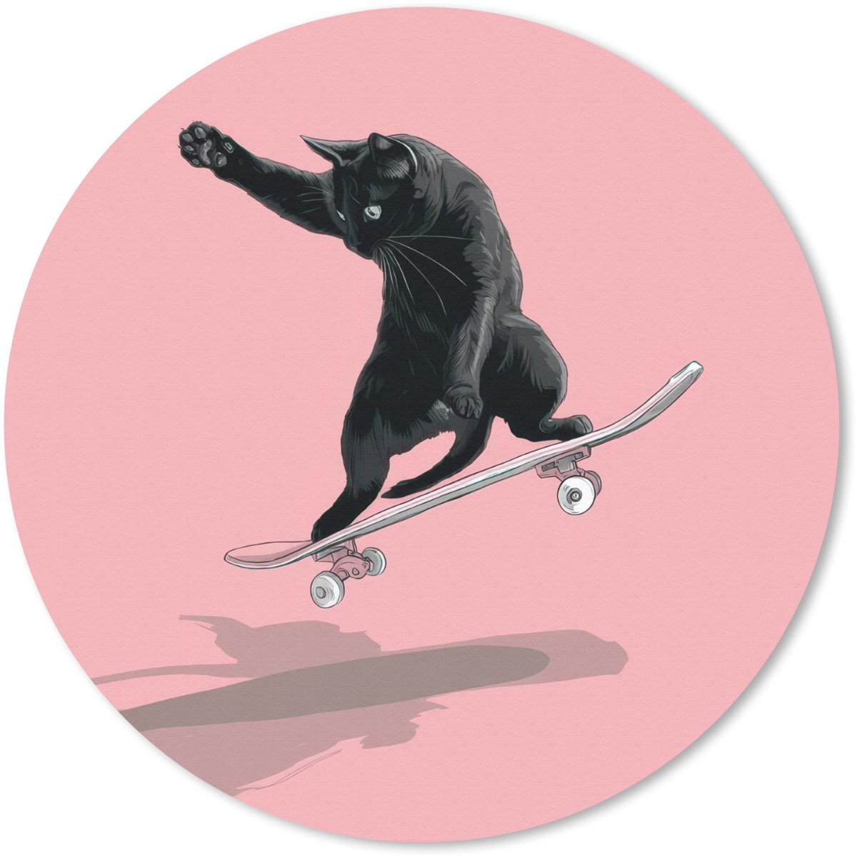 Muismat rond 30x30 cm - Mousepad Kat - Skateboard - Roze - Ronde muismatten