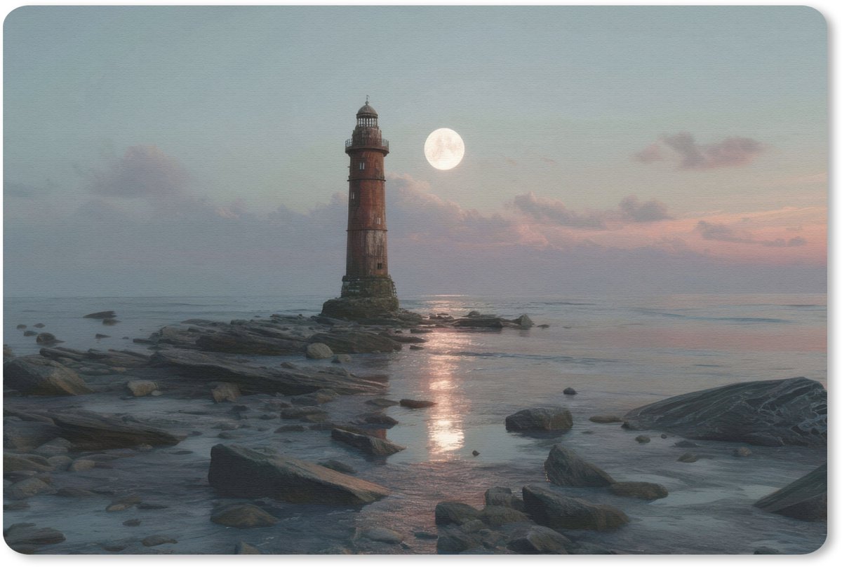 Muismat 27x18 cm - Mousepad Vuurtoren - Stenen - Water - Maan - Muismatten