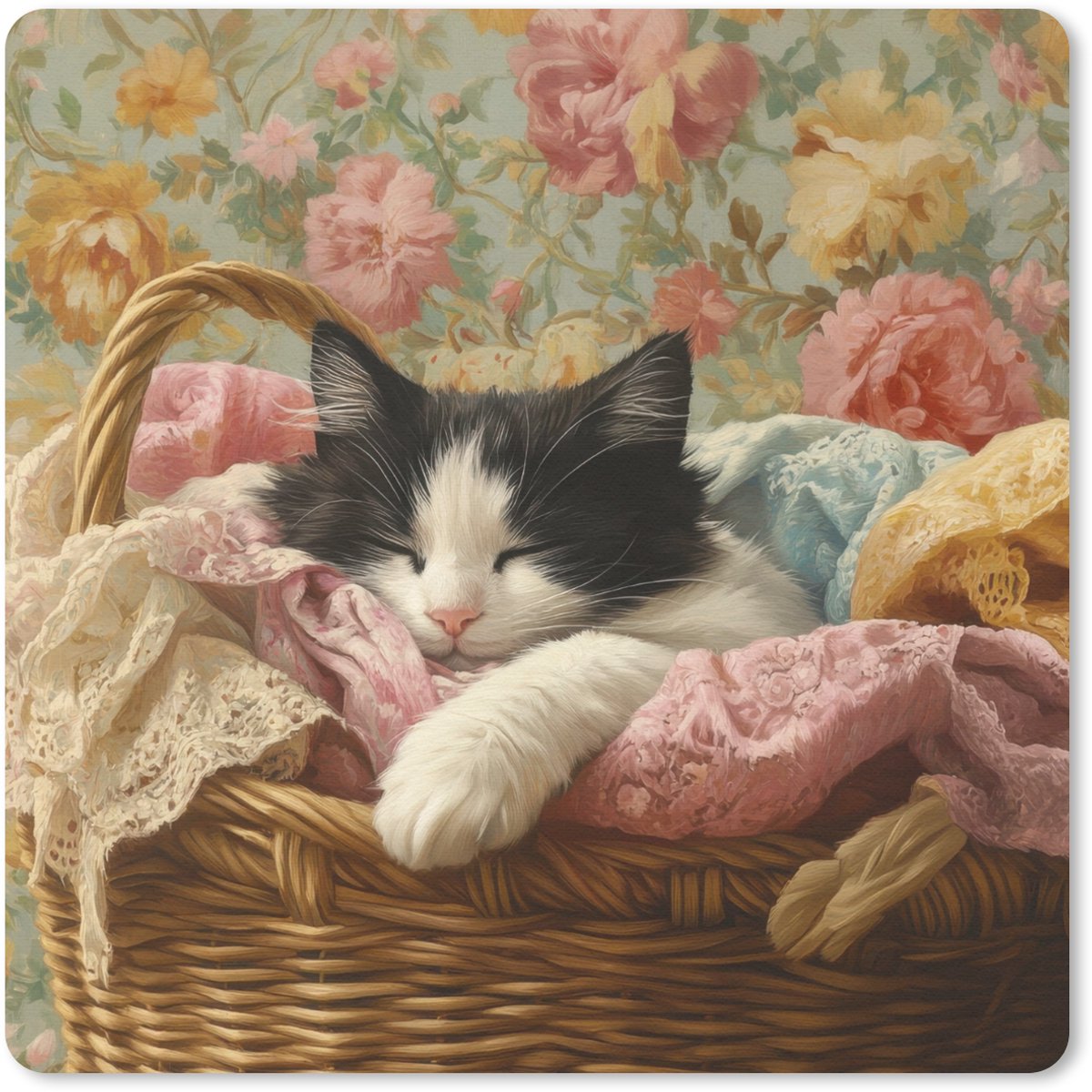 Muismat 20x20 cm - Mousepad Kat - Bloemenprint - Rieten mand - Muismatten