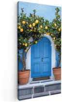 Tuinschilderij voor buiten 100x200 cm - Tuindecoratie Citroenbomen - Geel - Deur - Potten - Tuinposter op canvas - Tuin muurdecoratie - Buitenschilderij decoratie - Schutting wanddecoratie - Buitencanvas