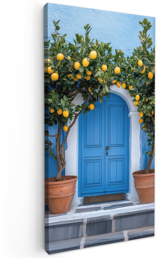 Tuinschilderij voor buiten 100x200 cm - Tuindecoratie Citroenbomen - Geel - Deur - Potten - Tuinposter op canvas - Tuin muurdecoratie - Buitenschilderij decoratie - Schutting wanddecoratie - Buitencanvas