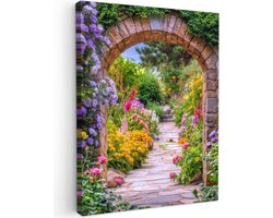 Tuinschilderij voor buiten 50x70 cm - Tuindecoratie Doorkijk - Bloemen - Pad - Natuur - Tuinposter op canvas - Tuin muurdecoratie - Buitenschilderij decoratie - Schutting wanddecoratie - Buitencanvas