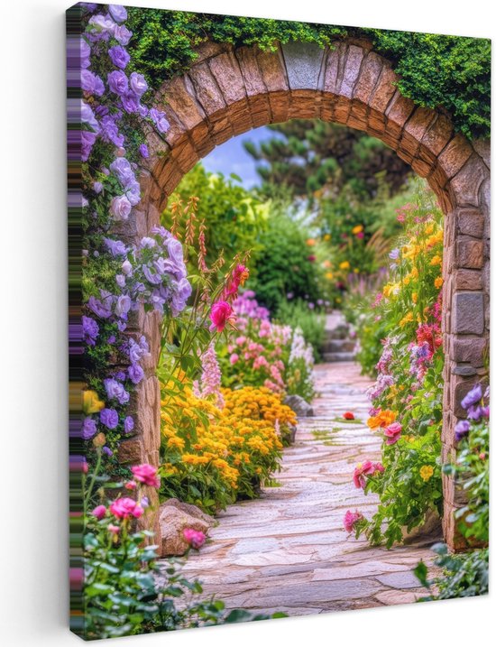 Tuinschilderij voor buiten 50x70 cm - Tuindecoratie Doorkijk - Bloemen - Pad - Natuur - Tuinposter op canvas - Tuin muurdecoratie - Buitenschilderij decoratie - Schutting wanddecoratie - Buitencanvas