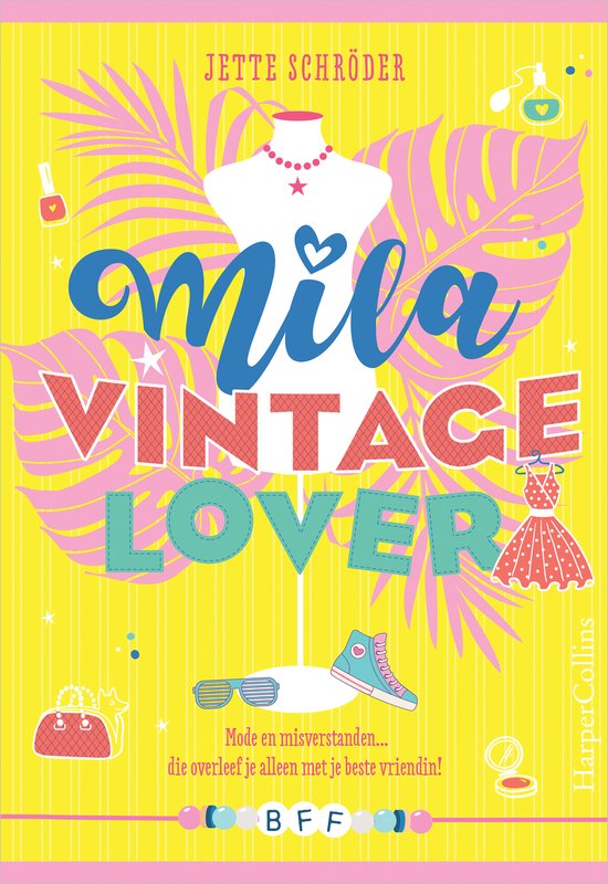 Boek "Mila, vintage lover" met een etalagepop en de tekst "mila VINTAGE LOVER".