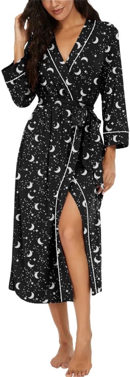 Dames Kimono Badjas - Lichtgewicht - Lange Pasvorm met 3/4 Mouwen - Voor Loungewear & Sauna - Zwarte Ster Maan Patroon - Maat S