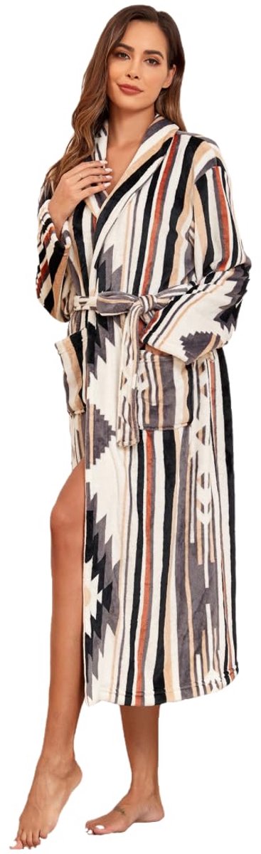 Dames Badjas - Pluche Fleece - Warm en Lang - Met Zakken - Voor Thuis - XX-Large Geometrisch Geel