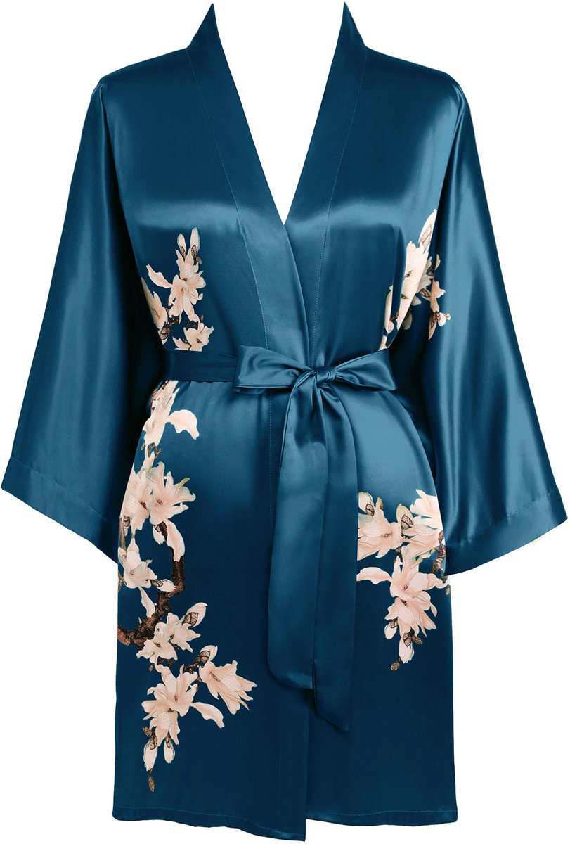 Dames Kimono Badjas - Satijnen - Kort - Lichtgewicht - Met Bloemenprint - Donkergroen