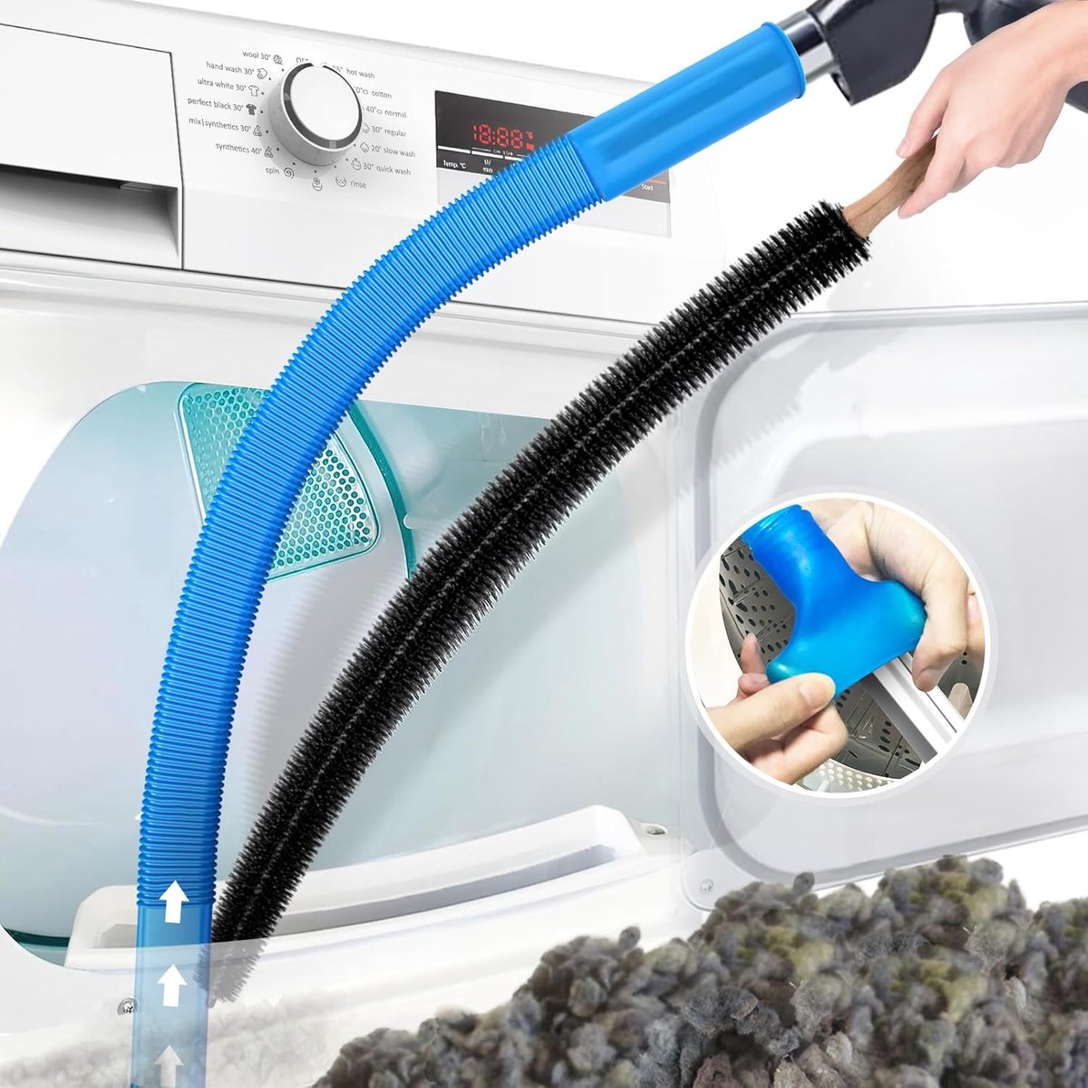 2-delige stofzuigerset Geschikt voor drogerventilatie, compatibel met alle stofzuigers, pluizenborstel voor droger en stofzuigerslang met elastische universele connector, snelle pluizenverwijderaar, lichtblauw