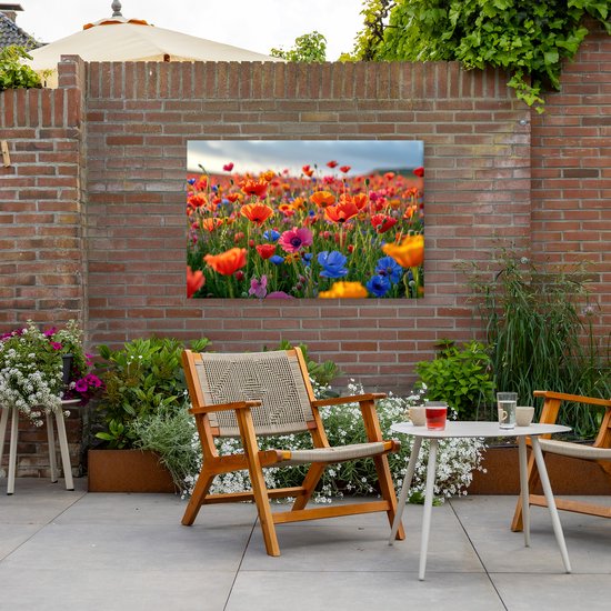 Buitenkunstwerk op doek met een veld vol klaprozen in rood, oranje, blauw en roze, hangend aan een bakstenen muur.