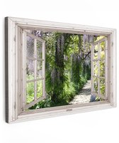 Tuinschilderij voor buiten 120x80 cm - Tuindecoratie Blauwe regen - Bloemen - Doorkijk - Boom - Lente - Tuinposter op canvas - Tuin muurdecoratie - Buitenschilderij decoratie - Schutting wanddecoratie - Buitencanvas