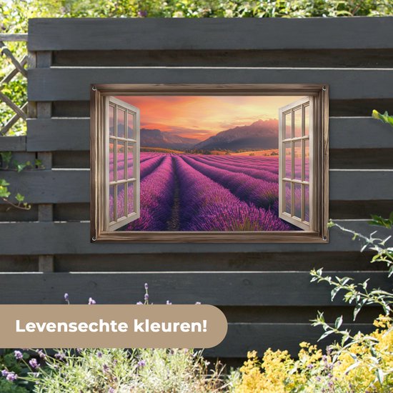Tuinposter 120x80 cm - Tuindecoratie Doorkijk - Lavendel - Landschap - Bloemen - Paars - Poster voor in de tuin - Buiten decoratie - Schutting tuinschilderij - Tuindoek muurdecoratie - Wanddecoratie balkondoek