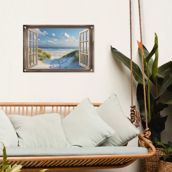 Affiche de jardin 60x40 cm - Décoration de jardin Vue - Plage - Fenêtre - Dunes - Mer - Affiche pour le jardin - Décoration extérieure - Tableau de jardin clôture - Décoration murale sur toile de jardin - Décoration murale sur toile de balcon