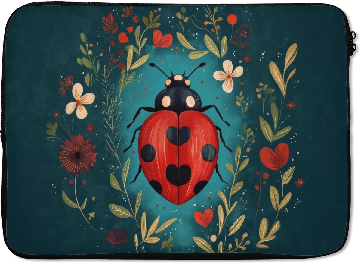 Laptophoes 14 inch - Bloemen - Lieveheersbeestje - Hartje - Rood - Laptop sleeve - Binnenmaat 33x23 cm - Zwarte achterkant