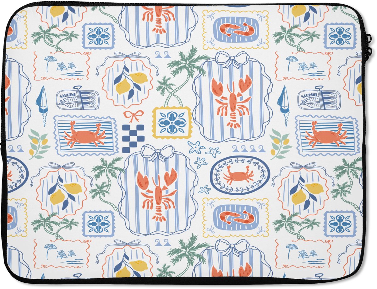 Laptophoes 17 inch - Zee - Sfeer - Krab - Blauw - Laptop sleeve - Binnenmaat 41x28 cm - Zwarte achterkant