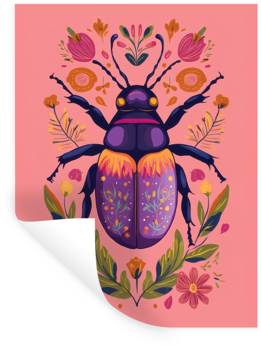 Muurstickers - Sticker Folie - Paars - Kever - Stipjes - Bloemen - 90x120 cm - Plakfolie -