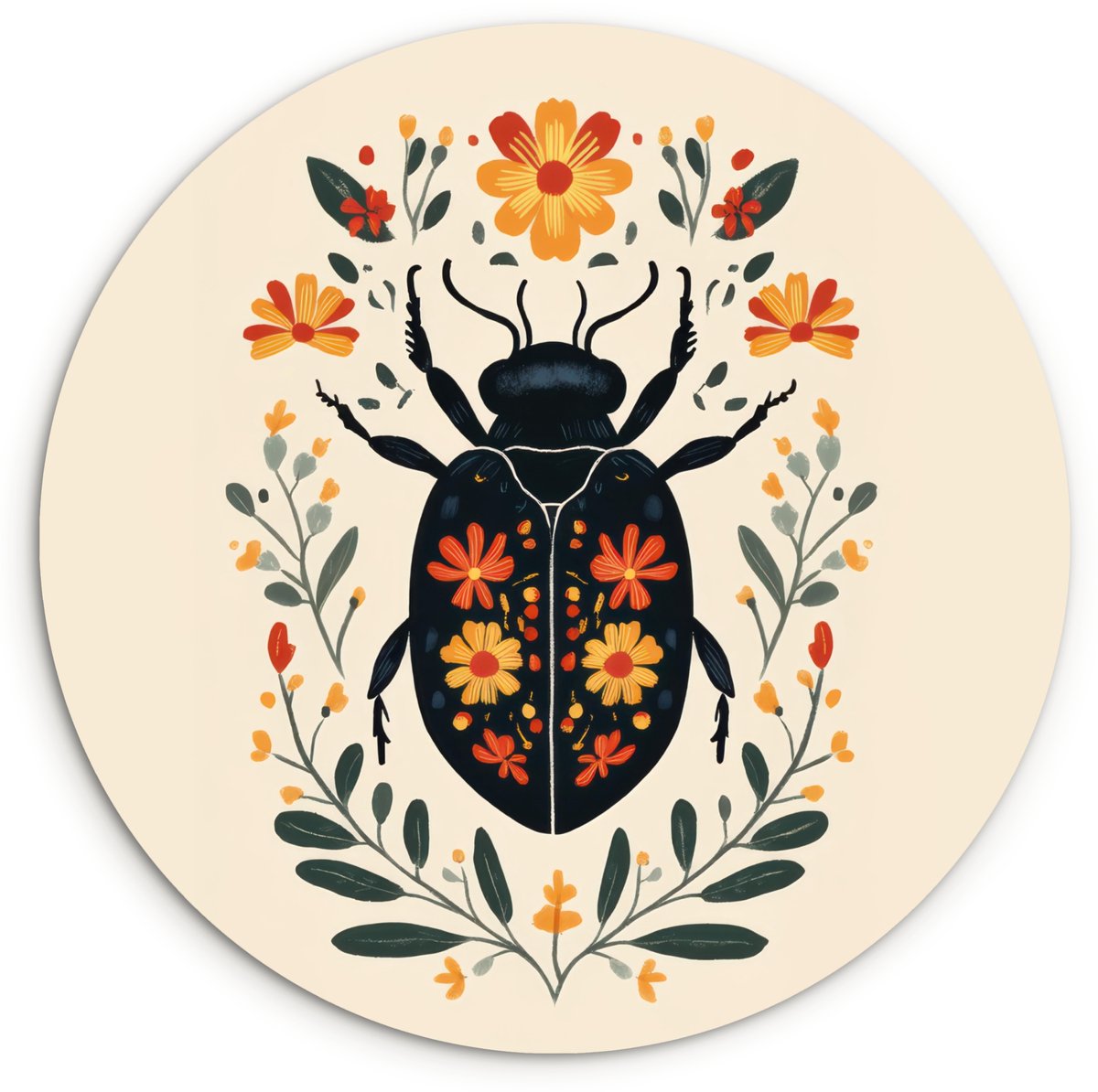 WallCircle Wandcirkel 120x120 cm - Muurcirkel Bloemen - Oranje - Planten - Sierlijk - Muurdecoratie woonkamer - Wanddecoratie slaapkamer - Kamer decoratie accessoires - Ronde schilderijen Kever - Bloemen - Planten