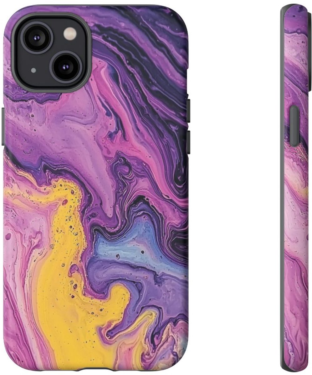 Paarse en Gele Abstracte Vloeibare Kunst – Telefoonhoesje Geschikt voor iPhone 14 Plus