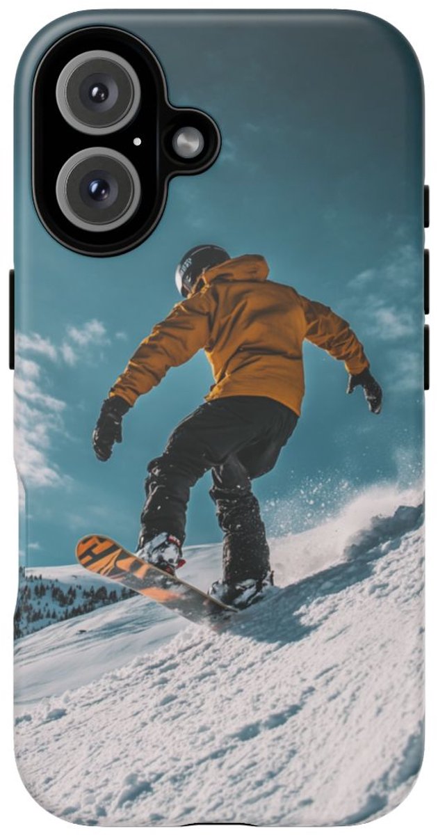 Snowboarder in Gele Jas op Besneeuwde Hellling – Telefoonhoesje Geschikt voor iPhone 16