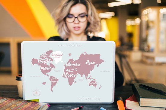 Autocollant pour ordinateur portable - 17,3 pouces - Wereldkaart - Rose - Lettres - 40x30cm - Autocollants pour ordinateur portable - Skin pour ordinateur portable - Couverture