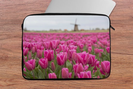 Laptophoes 13 inch - Roze tulpen en windmolen - Laptop sleeve - Binnenmaat 32x22,5 cm - Zwarte achterkant