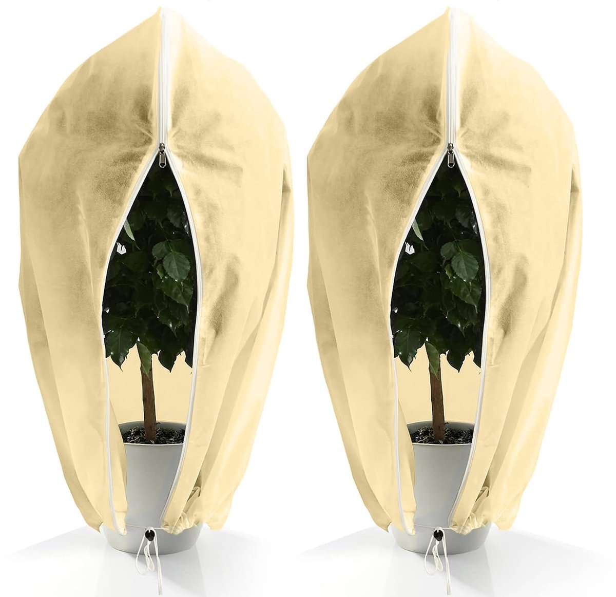 Plantenbeschermhoes - Met vorstbescherming 80 g/m², ritssluiting en trekkoord - Voor potplanten, palmen en olijfbomen - Beige Wit - 60x80 cm - 2 stuks