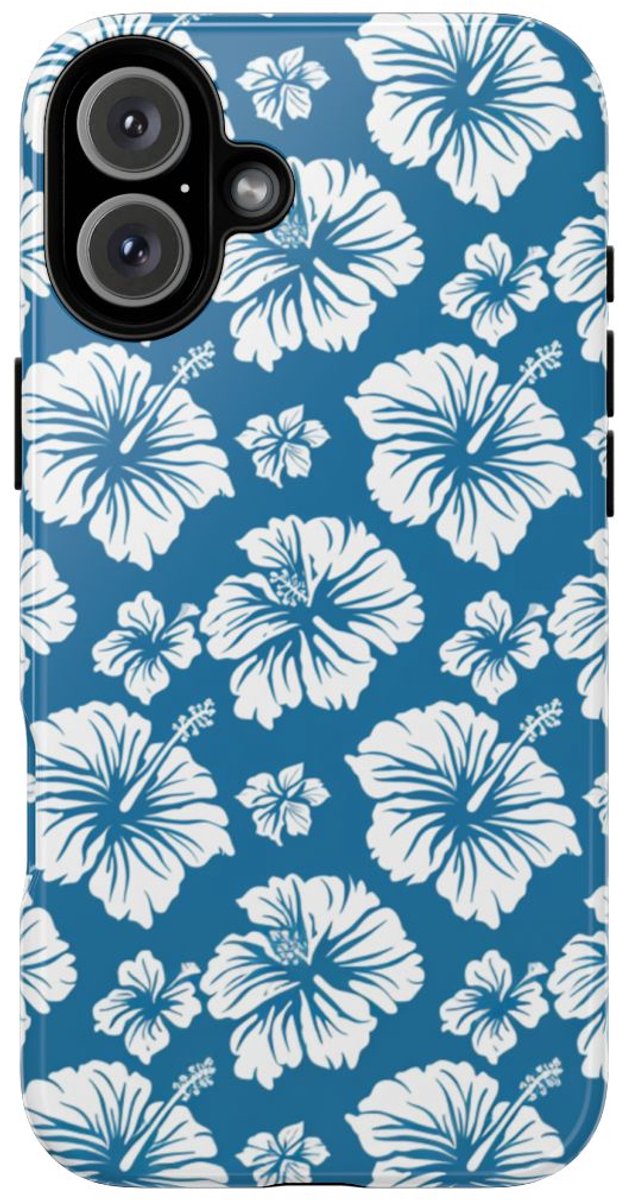 Wit Hawaïaans Bloemenpatroon op Blauw – Telefoonhoesje Geschikt voor iPhone 16 Plus